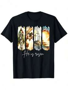 He Has Risen Christian Cross Bible Verse Happy Easter Unisex T-Shirt Spring Valentine's Day St. Patrick's Day Graduation Season Easter Gifts For Dad, Mom, Parents, Friends, Family And Coworkers T-Shirt Only - 黑色 - 查看 6