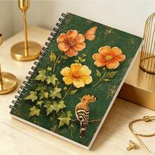 1pc A5 Back To School Notebook, Vintage Orange Flower & Hoopoe Bird Cover Notebook, Suitable For Back To School Planning, Study Records, Teaching Logs, Best Gift For Teachers, Students, Colleagues - A5 - View 3