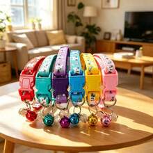 1pc Upgraded Cat/Dog Collar With Cat Pattern And (Small Bell + Round Bead Twist Pendant) - Soft & Comfortable, Adjustable Size, Available In Multiple Vibrant Colors (Pink, Yellow, Green, Red, Blue, Purple) - Ideal Pet Gift For Cats And Dogs - Multicolor - View 5