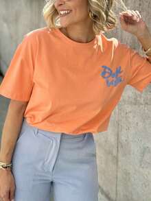 Women's T-Shirt, Casual Urban Style, Short Sleeve Graphic T-Shirt, Cute Summer T-Shirt - 橘色 3 - 查看 2