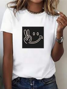 180g Summer T-Shirt With  Face And Peace Symbol Design, Ideal For Summer Festivals, A Perfect Gift For Family Gatherings And Corporate Events, A Modern And Comfortable Casual T-Shirt, . - 白色 - 查看 6