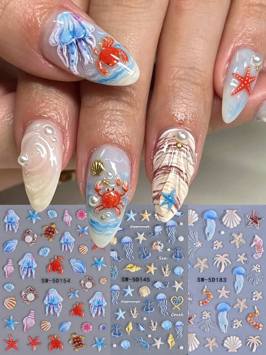 3PCS 5D Embossed Ocean Nail Stickers Jellyfish Seahorse Crab Turtle Starfish Seashell Coral Anchor Pattern Nail Decals Summer Beach Marine‑Themed Self‑Adhesive Sliders Manicure Decor DIY Nail Art Supplies - Multicolor - View 1