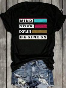 1 Piece Women's Funny Graphic T-Shirt With The Phrase "Mind Your Business" - Black 100% Cotton 180gsm Heavyweight T-Shirt With Lettering And Color Block Design, Regular Fit, Casual Short Sleeve, Crew Neck, Top With A Touch Of Humor For Casual Outfits, Parties And Gifts - Y2K Style, Comfortable, 180g 100% Cotton. - 黑色 - 查看 1