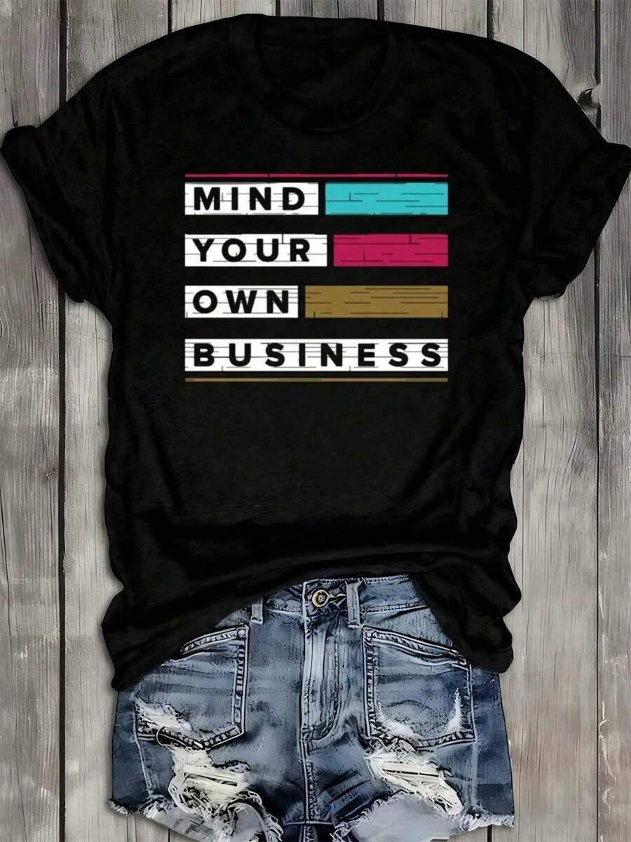 1 Piece Women's Funny Graphic T-Shirt With The Phrase "Mind Your Business" - Black 100% Cotton 180gsm Heavyweight T-Shirt With Lettering And Color Block Design, Regular Fit, Casual Short Sleeve, Crew Neck, Top With A Touch Of Humor For Casual Outfits, Parties And Gifts - Y2K Style, Comfortable, 180g 100% Cotton. - 黑色 - 查看 1
