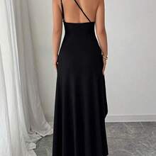 Nuevo vestido negro asimétrico sexy con hombro plisado, recorte hueco y abertura alta, adecuado para vacaciones, citas y fiestas en verano - azul real - Ver 3