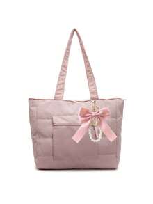 Simple Solid Color New Popular Quilted Tote Bag In Spring And Summer, Lightweight, Practical And Large Capacity With Body Patch Pockets, Shoulder Bag, Zipper Switch, Double Shoulder Straps, High-Value Armpit Bag, Suitable For Commuting To Work, School, Class, Shopping And Storage - Pink - View 7