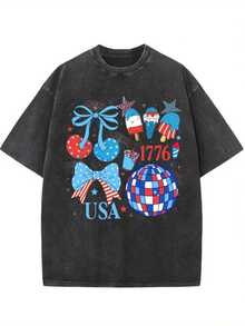 Men's & Women's Vintage Washed Cotton T-Shirt For Women With Modern Print - 230g Thick Cotton, Round Neck, Short Sleeves, Vintage Street Style, Machine Washable, Suitable For Casual Spring And Summer Wear, Loose Fit. - 黑色 - 查看 1