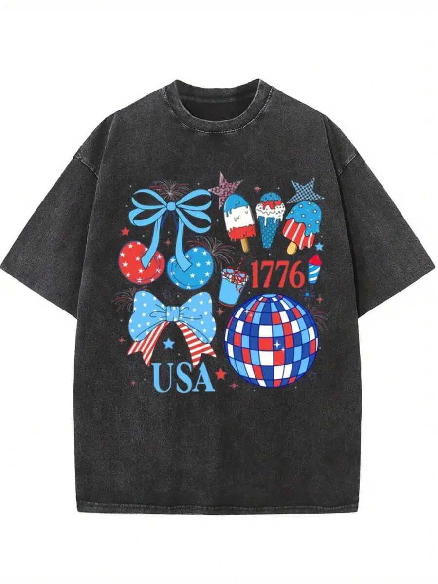 Men's & Women's Vintage Washed Cotton T-Shirt For Women With Modern Print - 230g Thick Cotton, Round Neck, Short Sleeves, Vintage Street Style, Machine Washable, Suitable For Casual Spring And Summer Wear, Loose Fit. - 黑色 - 查看 1