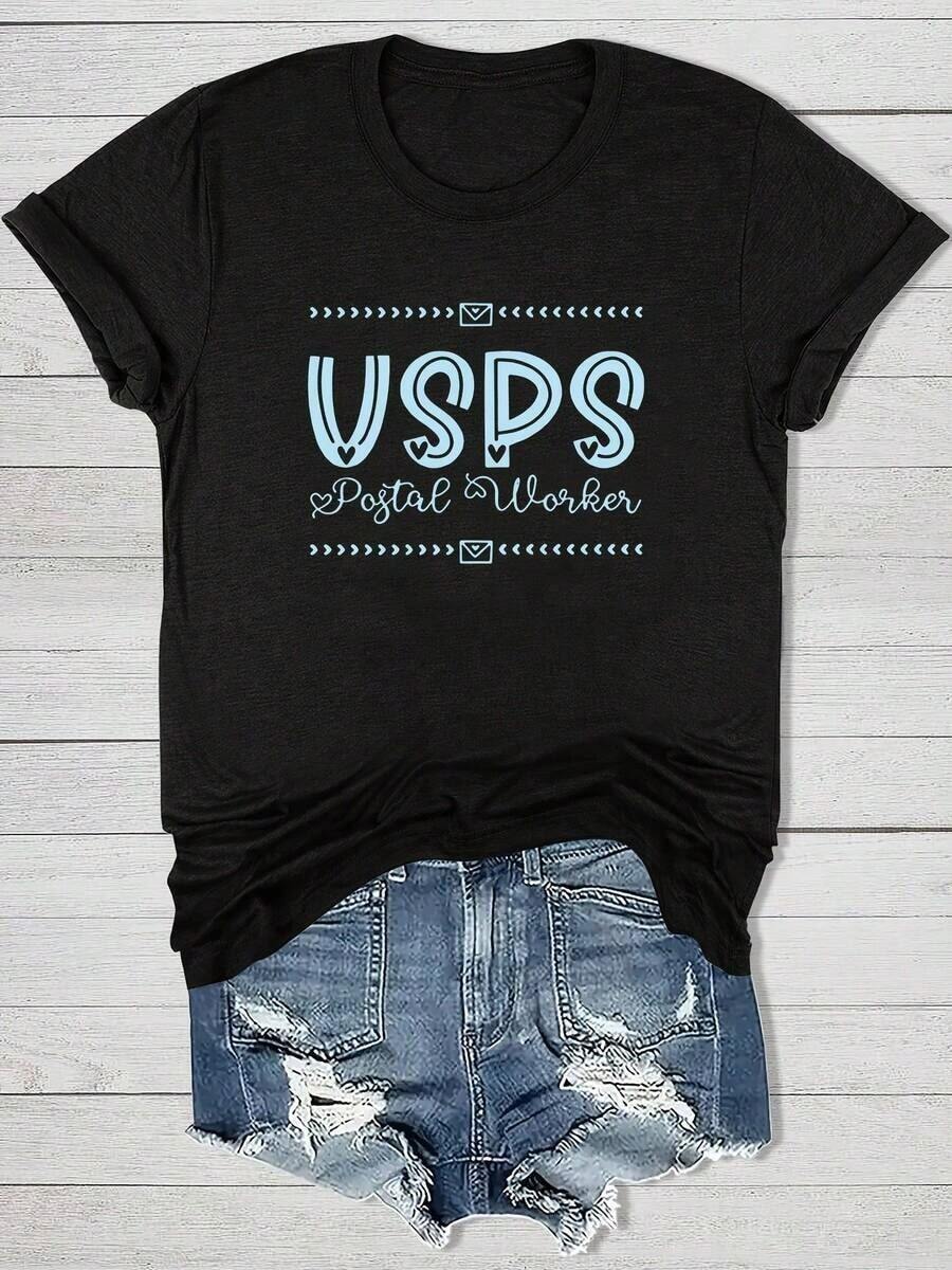 Spring And Summer Present Fresh Styles That Offer A Cool And Beautiful Look With Blue Letter Prints. This Casual And Versatile Women's T-Shirt Is Perfect For Outings, Combining Fashion And Comfort. A Cotton T-Shirt, Ideal As A Gift. - 黑色 - 查看 1