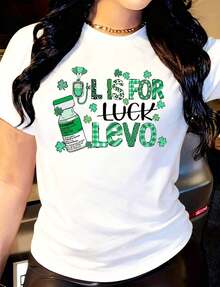 Camiseta de mujer verde a cuadros con estampado de trébol, cuello redondo, manga corta, informal, adecuada para uso diario al aire libre, perfecta para todas las estaciones. - Negro - Ver 6