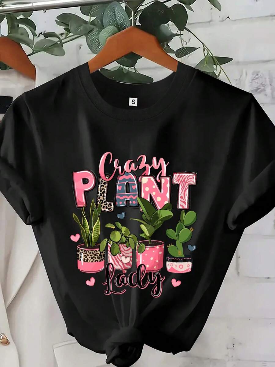 Camiseta de Planta - Camiseta Estética de Manga Corta para Primavera y Verano con Diseño de Cactus y Suculentas, Regalo para Amantes de la Naturaleza para Ella - Negro - Ver 1