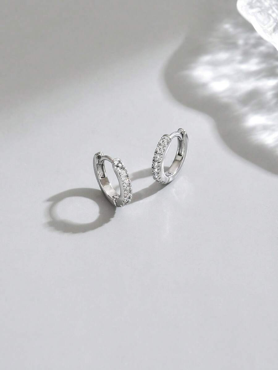 Silver Pave CZ Huggie Earrings, Stainless Steel Click-On Cartilage Earrings, Low Allergy Minimalist Earrings, Suitable For Daily Wear - Silver - View 1