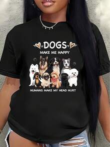 Camiseta de manga corta para amantes de los perros, estampada con el diseño "Los perros me hacen feliz, la gente me da dolores de cabeza", con un lindo motivo de perro, ligera y duradera, perfecta para uso casual en casa o al aire libre.blusa casual mujer - Negro - Ver 1