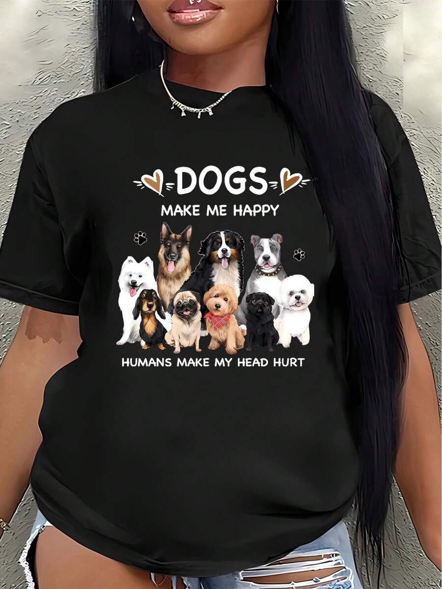 Camiseta de manga corta para amantes de los perros, estampada con el diseño "Los perros me hacen feliz, la gente me da dolores de cabeza", con un lindo motivo de perro, ligera y duradera, perfecta para uso casual en casa o al aire libre.blusa casual mujer - Negro - Ver 1