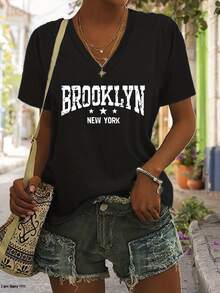 Camiseta Deportiva Casual para Mujer en Negro con Estampado de Brooklyn, Nueva York - Camiseta Elástica de Cuello Redondo, Lavable aáquina, Ajuste Cómodo y Versátil para Todas las Estaciones, para Combinar con Pantalones Cortos de Mezclilla Desgastados. - Negro - Ver 6