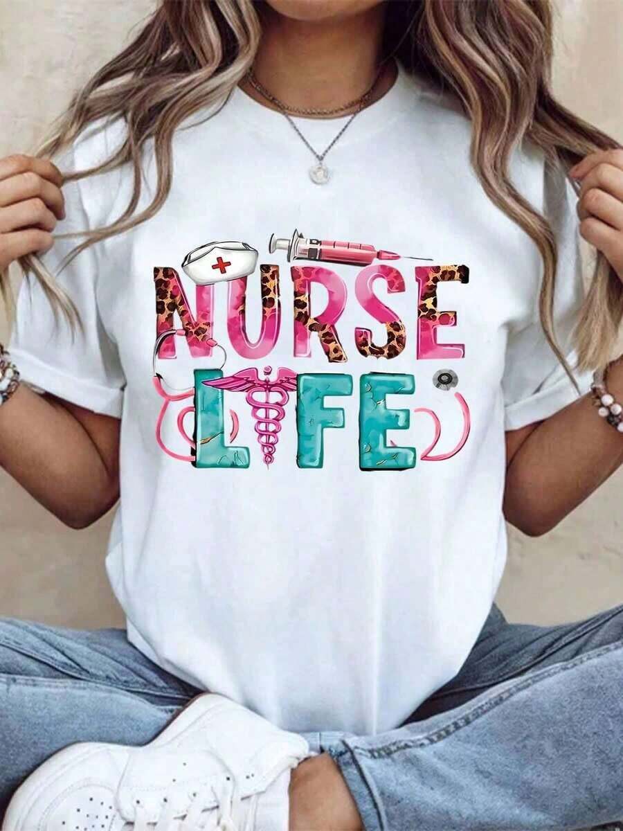 Nurse Life Leopard Print Medical Theme T-Shirt For Nurses Healthcare Workers And Medical Professionals Featuring Caduceus Stethoscope Syringe And Nurse Hat Design Perfect For Nursing School Graduation Or Nurse Appreciation Day,220g-Vintage Street Style Unisex Loose Cotton Short Sleeve Crew Neck T-Shirt100%Cotton - 白色 - 查看 1