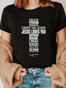 Camiseta Deportiva Casual para  con Texto de Escritura Cristiana - Camiseta Elástica de Cuello Redondo, Lavable aáquina, Ajuste Cómodo para Todas las Estaciones, Perfecta para Usar con un Cardigan Beige. - Negro - Ver 6