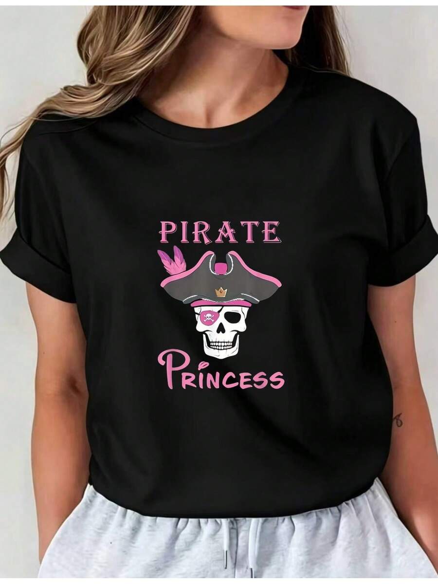 Camiseta Deportiva Casual para Mujer --Shirt Negra con Diseño de Calavera Pirata Rosa, Elástica y de Cuello Redondo, Lavable aáquina, Ajuste Cómodo para Todas las Estaciones. - Negro - Ver 1
