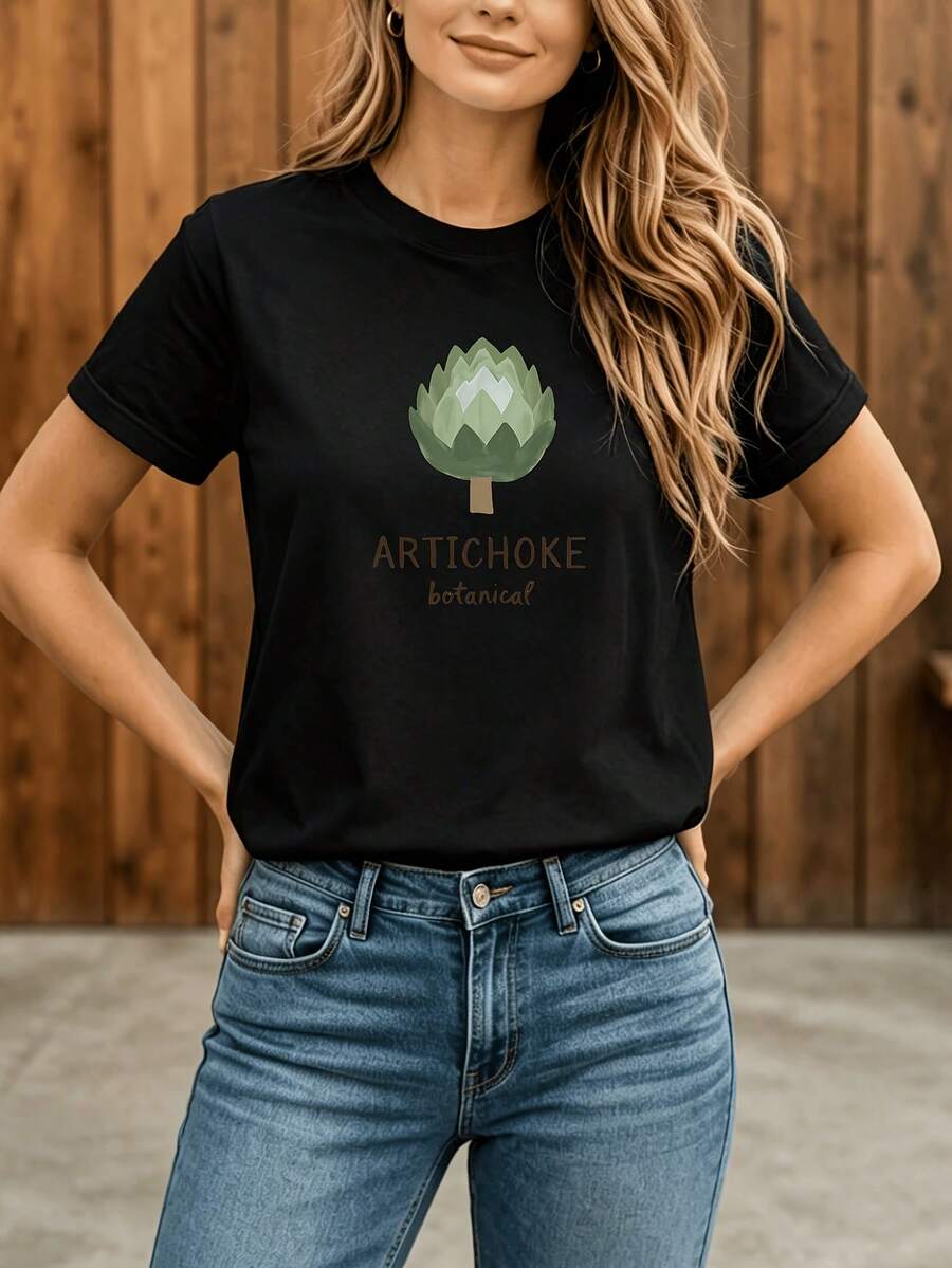 Camiseta Estampada para Mujer con Gráfico de Loto Verde - Camiseta Negra de Alcachofa Botánica, Casual de Manga Corta y Cuello Redondo, Corte Relajado para Todas las Estaciones, Perfecta para el Uso Diario y Atuendos de Vacaciones (Lavable aáquina). - Negro - Ver 1