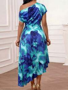 Lady Vestido elegante de mujer con estampado de teñido anudado y cuello asimétrico - Azul - Ver 8