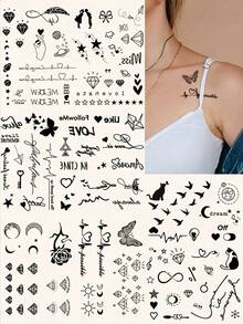 (4 feuilles/set) 4 pièces de petits tatouages temporaires noirs, comprenant des motifs d'oiseau, de cœur, de diamant, de note de musique, de lettre, de battement de cœur, d'étoile et de lune. Convient pour les doigts, les oreilles, les poignets et les parties du corps - Noir - Voir 1