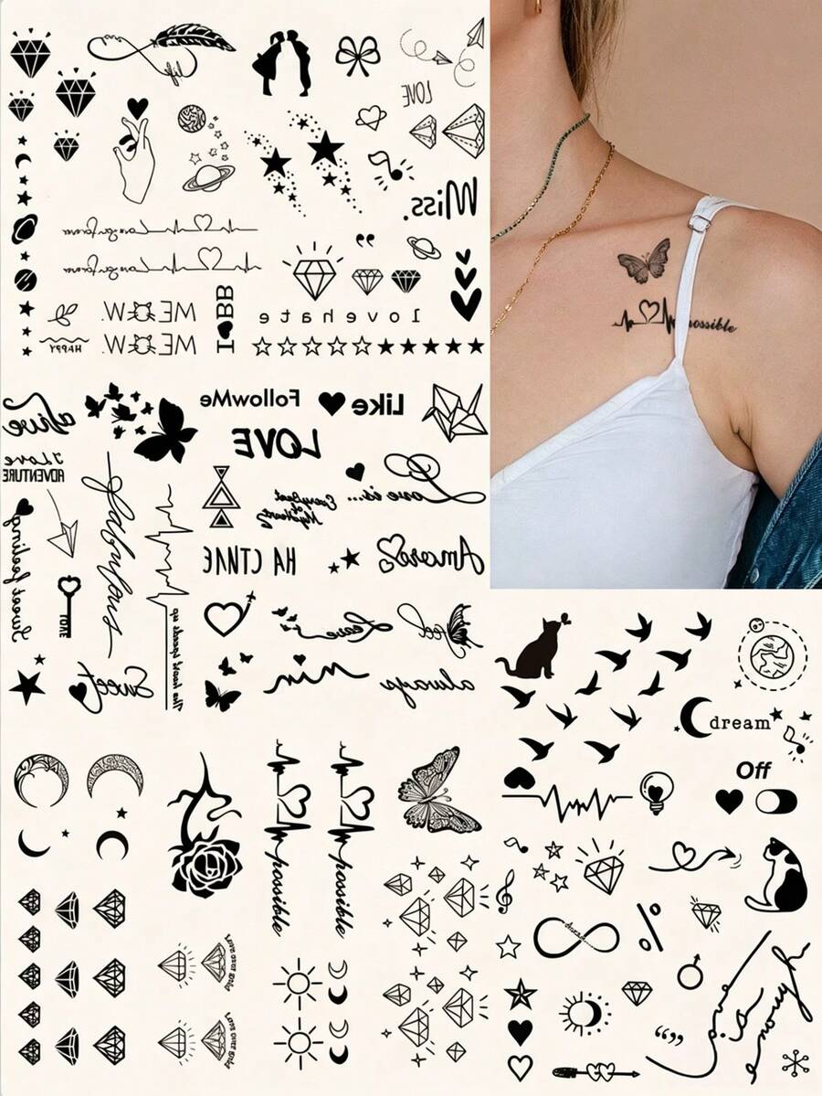 (4 feuilles/set) 4 pièces de petits tatouages temporaires noirs, comprenant des motifs d'oiseau, de cœur, de diamant, de note de musique, de lettre, de battement de cœur, d'étoile et de lune. Convient pour les doigts, les oreilles, les poignets et les parties du corps - Noir - Voir 1