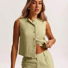 1 pieza Blusa de lino sin mangas de verano, cómoda y minimalista con decoración de botones, adecuada para brunch, salidas, citas, viajes al trabajo, cruceros, para mujer - Verde - Ver 6