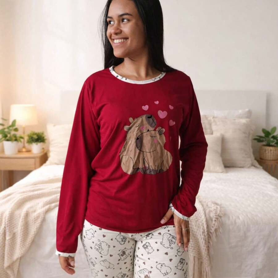 Pijama Feminino de Frio/Inverno Malha Estampada Conjunto Manga Longa Confortável P ao GG - Vinho - Visão 1