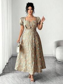 Vestido maxi de mujer talla grande con elegante estampado floral jacquard, cuello cuadrado y cintura ceñida.Adecuado para volver al colegio, graduación, San Valentín, Navidad, festivales de música, Día de la Madre, Halloween, Acción de Gracias, Pascua, baile de graduación, citas, temporada de bodas, excursiones al aire libre - Multicolor - Ver 7