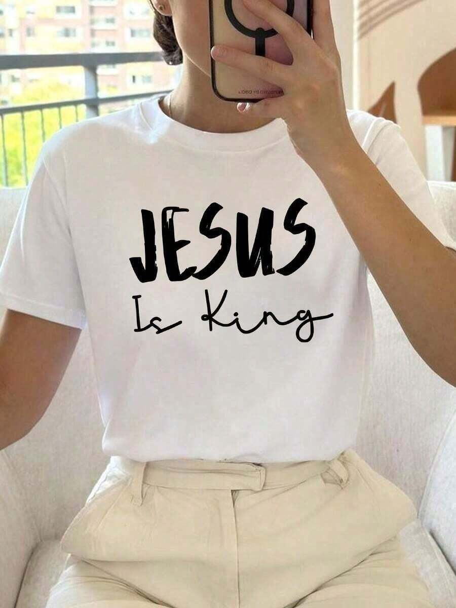 Camiseta gráfica Is King, de manga corta y cuello redondo, estilo casual para primavera y verano, camiseta para mujer, camiseta gráfica de manga corta y cuello redondo para mujer (temporada de vacaciones), transpirable y cómoda. - Blanco - Ver 1