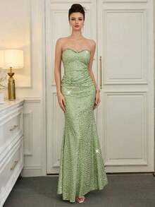 Vestido sin tirantes con lentejuelas para mujer, vestido de gala elegante y lujoso, estilo de socialité de alta gama - Verde - Ver 4