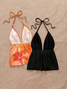 Set de 2 piezas de top de cuello halter con estampado de leopardo y negro liso, apropiado para verano y primavera en la playa - Multicolor 3 - Ver 2