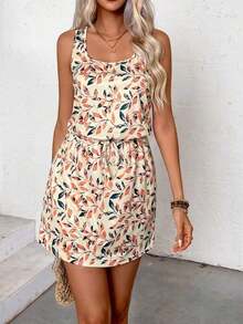 Vestido de verano casual con estampado de hojas, cuello redondo, sin mangas, con cordón en la cintura, para vacaciones y playa para mujer - Multicolor 2 - Ver 4
