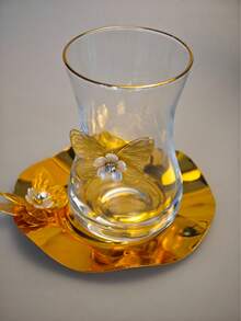 1个带勺子的豪华玻璃金边咖啡杯，新款土耳其咖啡杯带碟，蝴蝶甜点盘 - 彩色 - 查看 4