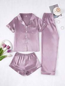 Conjunto de pijama de 3 piezas para mujer con cuello de seda falsa de unicolor y ribete contrastante - Púrpura malva - Ver 3