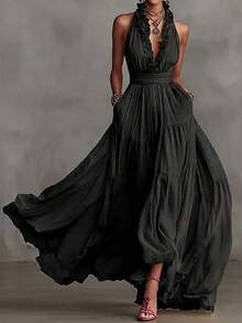 Women's Long Sleeveless Dress With Deep V-Neck And Ruffles, A-Line Cut, Made Of Woven Fabric, Ideal For Parties. - Hitam - View 3