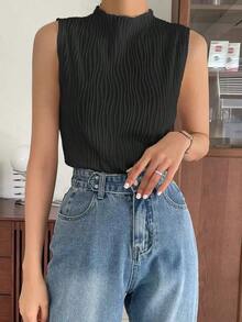 Blusas de tirantes de cuello alto de verano de tela con textura uniforme, casuales pero elegantes - Negro - Ver 5