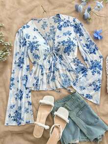 Blusa informal de unicolor con mangas acampanadas para mujer - Azul y blanco - Ver 3