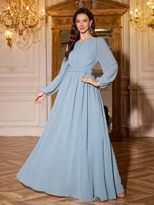 Vestido de dama de honor de manga linterna de unicolor elegante y extra largo - Niebla azul - Ver 5