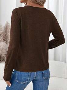 Camiseta de manga larga con cuello en V regular y estilo minimalista casual, adecuada para otoño/invierno - Marrón - Ver 2