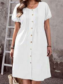 Vestido casual de mujer talla grande de unicolor, cuello redondo, manga corta, abotonado y con bolsillo - Blanco - Ver 8