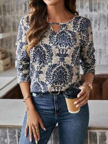 Camisa casual de mujer con estampado total y cuello calado - Azul marino - Ver 6