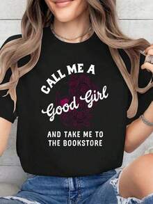 Camiseta Vintage de Algodón 100% Algodón, Estilo Dark Romance, Camiseta con la Frase 'Llámame una buena chica, llévame a la librería'. Camisetas de Verano para Mujer para Uso Diario. - Negro - Ver 8