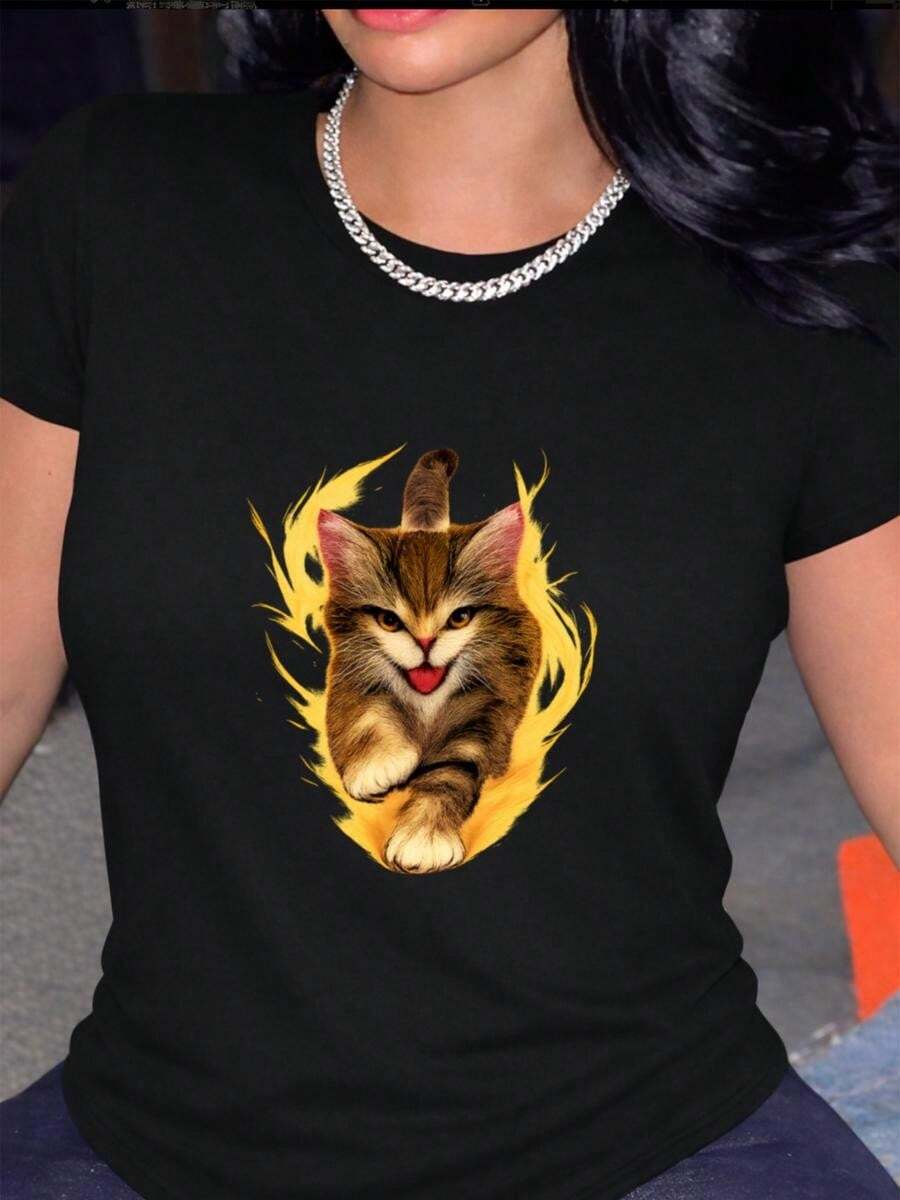 1 Piece Of 100% Cotton Short-Sleeved T-Shirt, Casual Round Neck With Print, Decorated With A Golden Cat, Breathable Short Sleeves For Everyday Wear - 黑色 - 查看 1