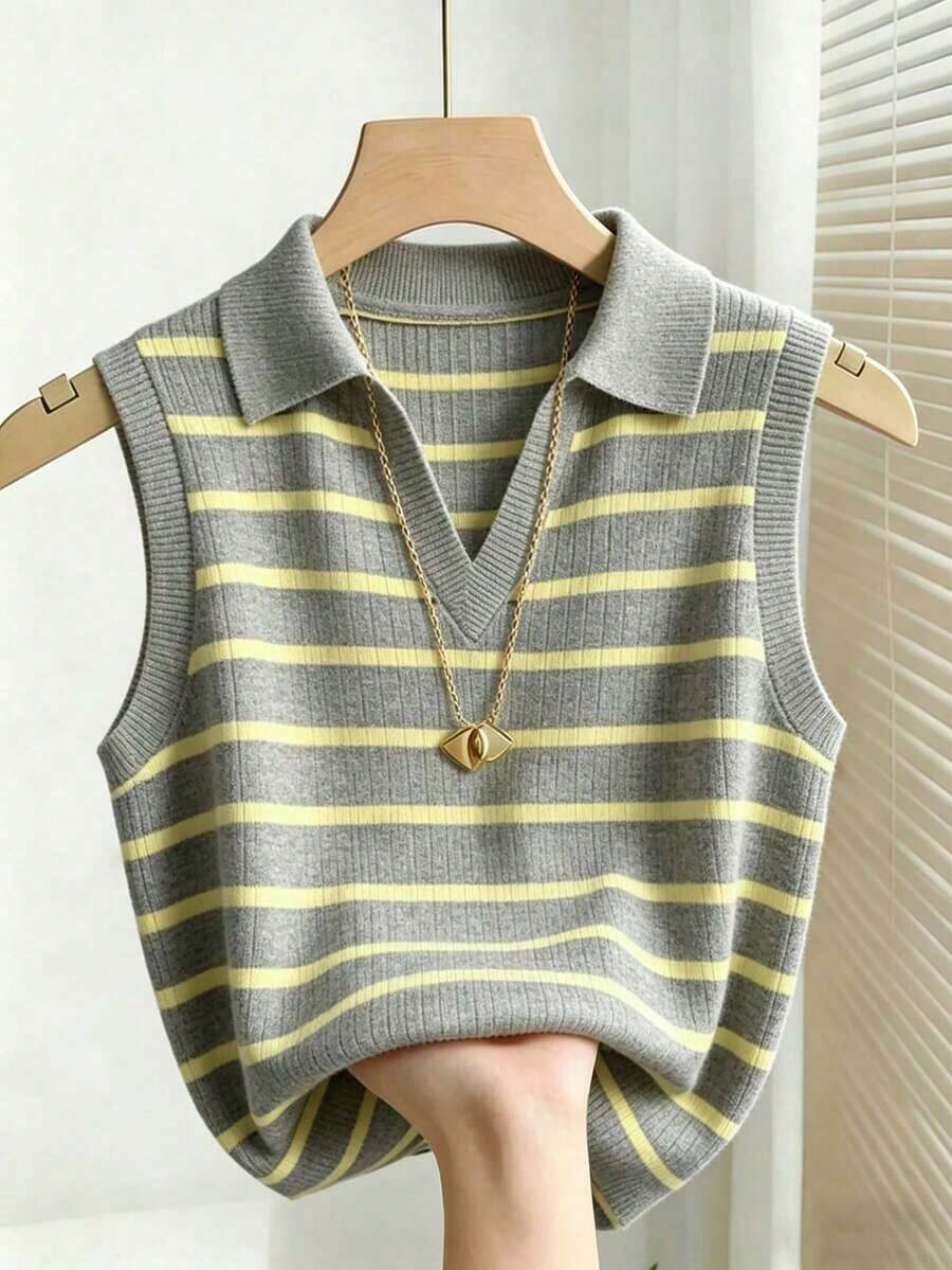 Chaleco de punto casual y elegante con cuello y rayas para mujer - Multicolor - Ver 1