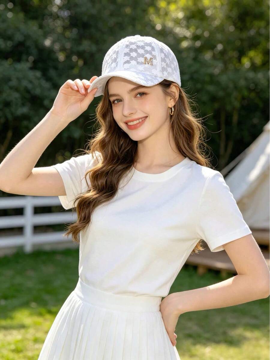 夏季蕾丝镂空M字Logo棒球帽,女士刺绣花卉网眼透气防晒纯色百搭简约遮阳帽 - 彩色 - 查看 1