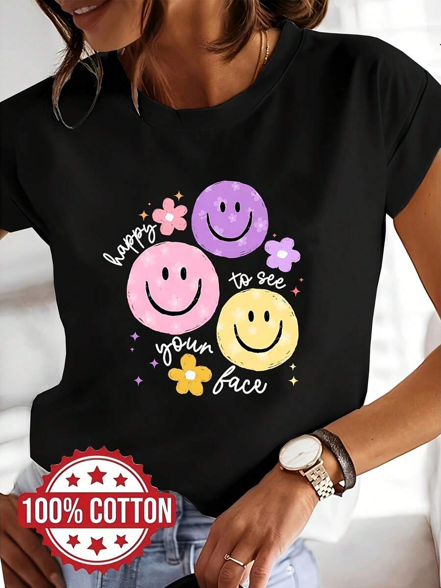Women's Casual Short Sleeve T-Shirt With Graphic Print "Nice To See Your Face" 100% Letters, Round Neck, Ideal For Summer And Spring - Black - View 1