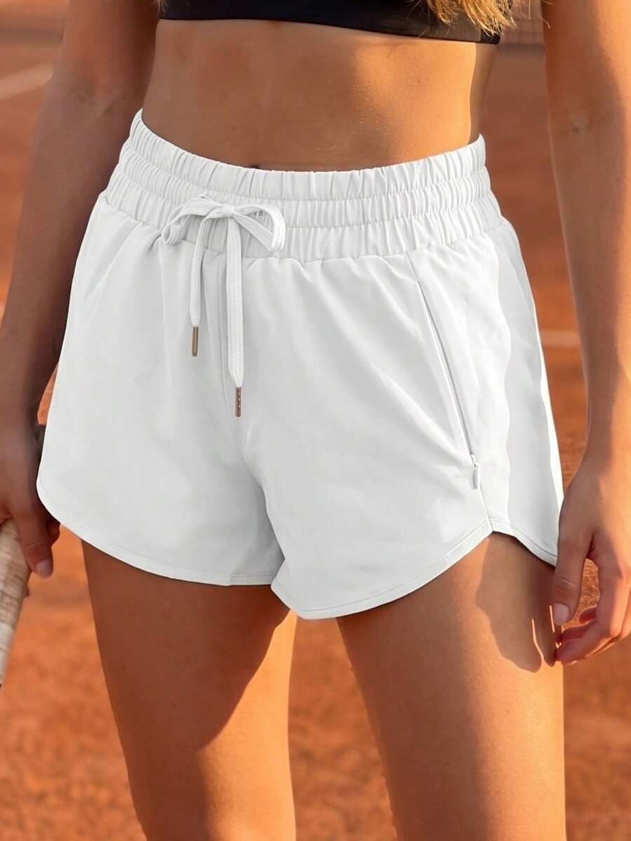 Womens Athletic Shorts High Waisted Running Shorts With Zipper Pockets Lightweight Quick Dry Gym Shorts For Workout & Casual - 白色 - 查看 1