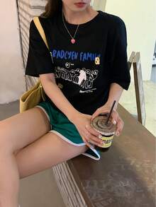 Women's Casual Short Sleeve T-Shirt, Personalized, With Cartoon Character Print, Loose Fit, Summer Top - Unisex Cotton Short Sleeve Crew Neck T-Shirt, Urban Vintage Style. - 黑色 - 查看 7