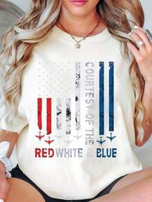 Camiseta Vintage para Mujer con Bandera Americana, Aviones Militares y Texto Rojo y Azul para Eventos Patrióticos, Nueva Camiseta Gráfica del Día de la Independencia 2026, Blusas Bonitas de Mujer, Ropa de Verano para Mujer, Camiseta Gráfica - Blanco - Ver 3